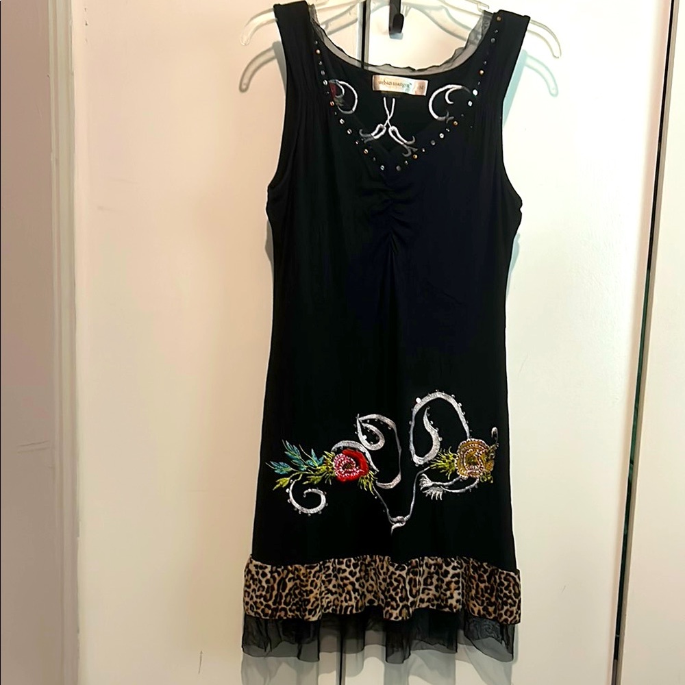 Black beaded ruffle Embroidered cotton blend Dress with Leopard Trim